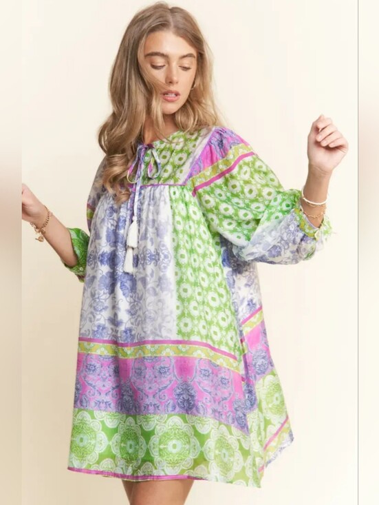 J.Nna Dresses & Skirts - J.NNA Multi-Pattern Tunic Dress with Sheer Sleeves & Pockets | M